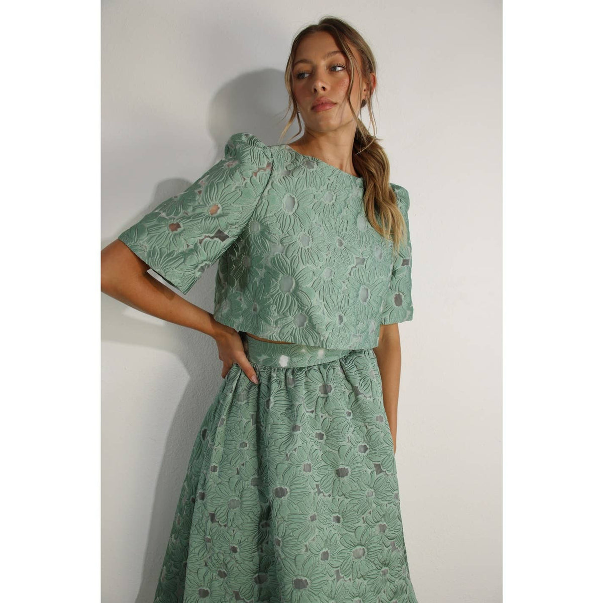 Flower Embossed Crop Top & Skirt Set