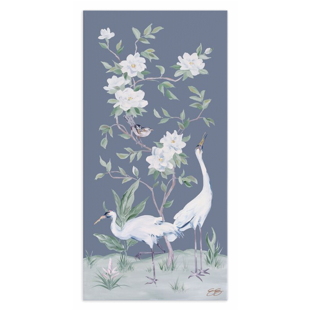 Cranes and Gardenias – Dark Blue Chinoiserie Canvas Wrap (Various Sizes)