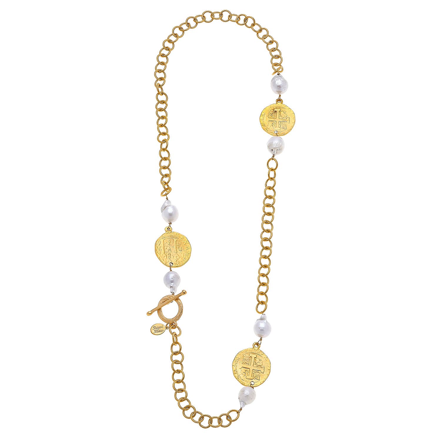 Handcast Gold Cross Genuine Baroque Pearl Toggle Necklace