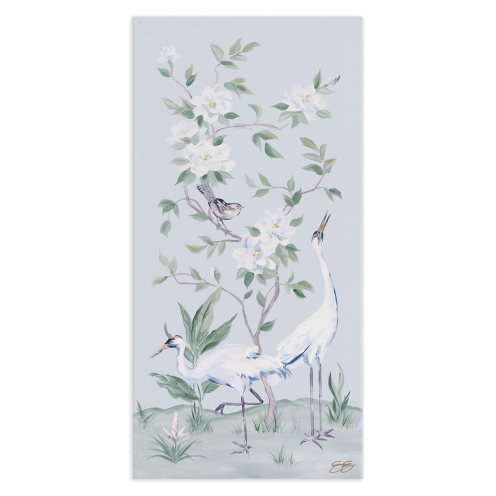 Cranes and Gardenias – Light Blue Chinoiserie Canvas Wrap (Various Sizes)