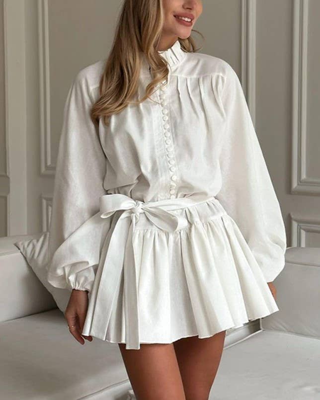 Blue & White Floral Ink Print Puff Sleeve Dress