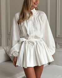 Blue & White Floral Ink Print Puff Sleeve Dress