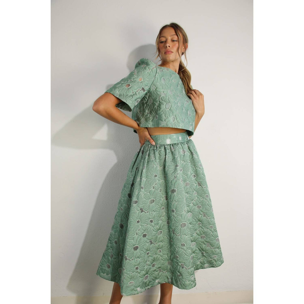 Flower Embossed Crop Top & Skirt Set