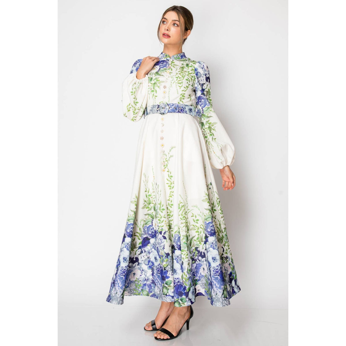 Long Puff Sleeve Floral Print Maxi Dress