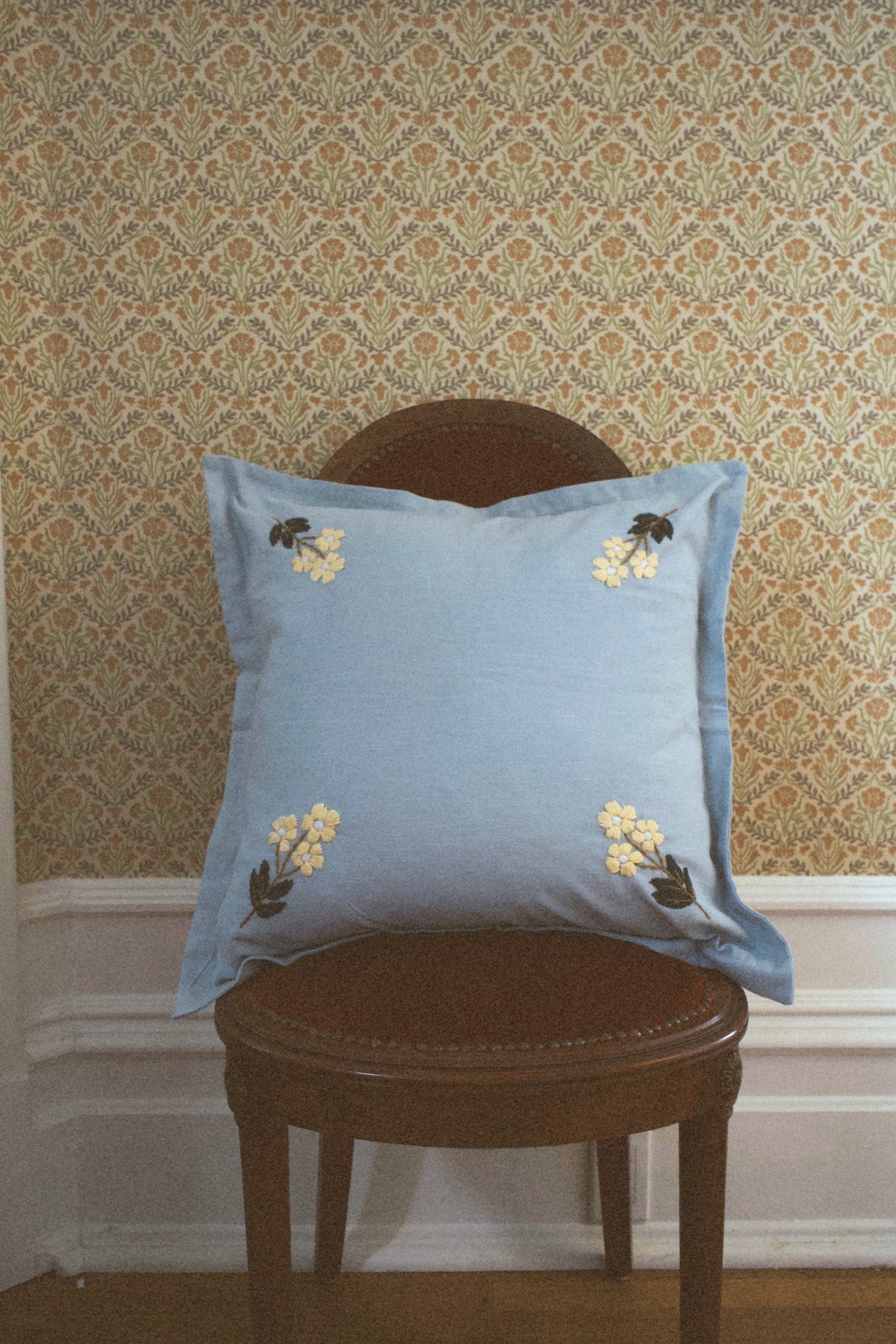 Estella Pillow – Blue Embroidered Floral Pillow Cover (20x20)
