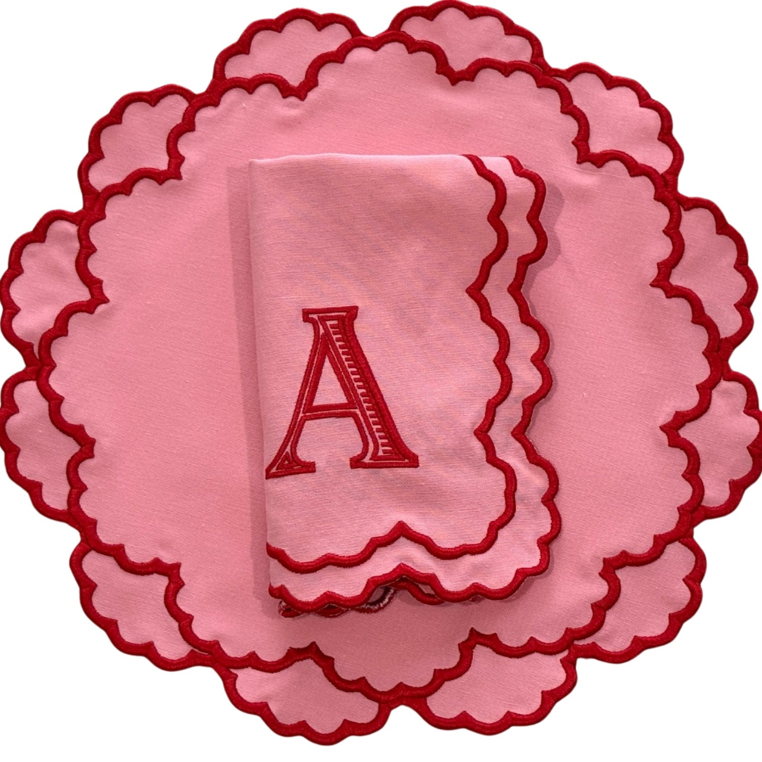 Scalloped Pink Round Fabric Placemat & Napkin Set
