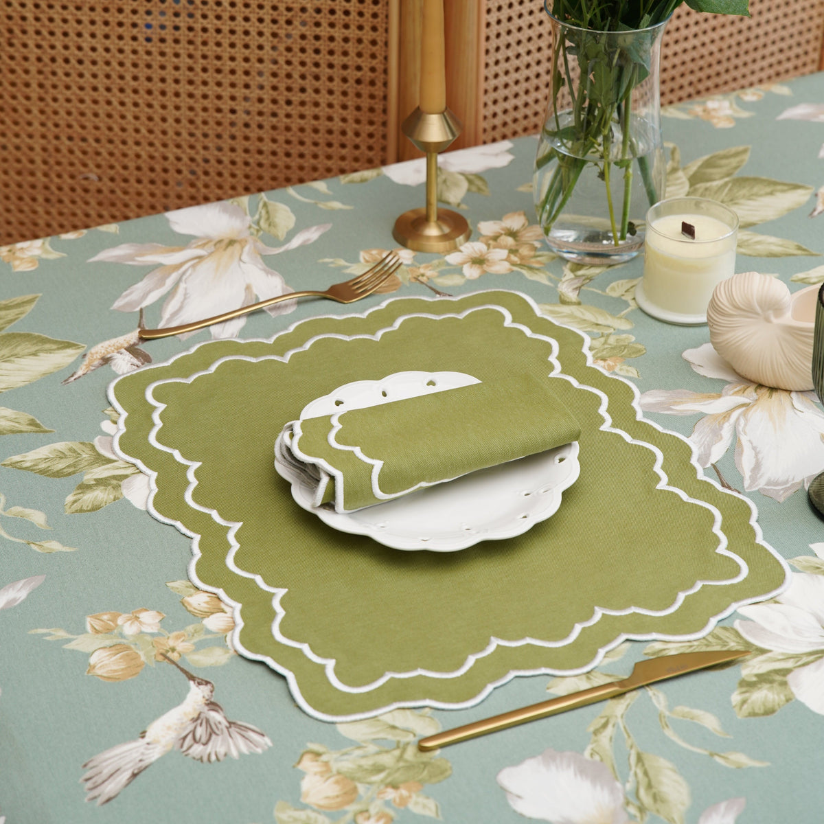 Elara Green Rectangle Fabric Placemat & Napkin Set