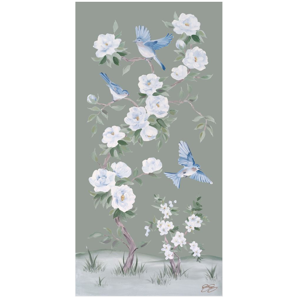 Bluebirds and Peonies – Green Chinoiserie Fine Art Paper Print (Various Sizes)