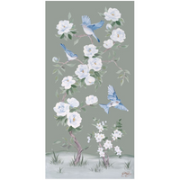 Bluebirds and Peonies – Green Chinoiserie Fine Art Paper Print (Various Sizes)