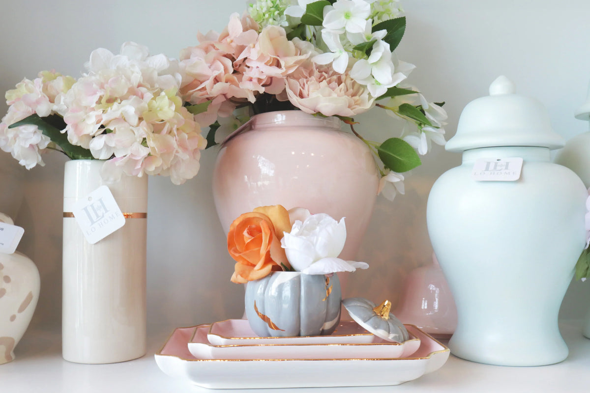 Layered Leaves Pumpkin Jars with 22K Gold Accents in Light Gray (Various Sizes)