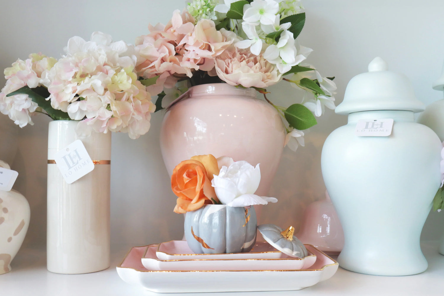 Layered Leaves Pumpkin Jars with 22K Gold Accents in Light Gray (Various Sizes)