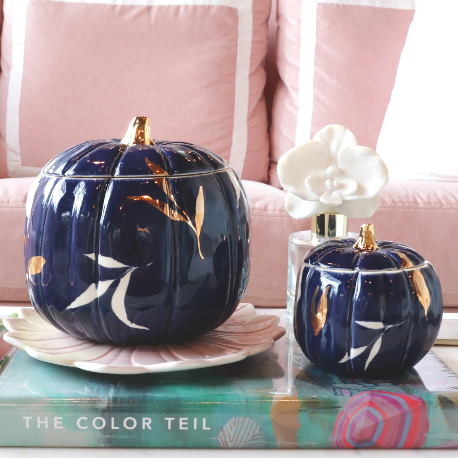 Layered Leaves Pumpkin Jars with 22K Gold Accents in Navy Blue (Various Sizes)