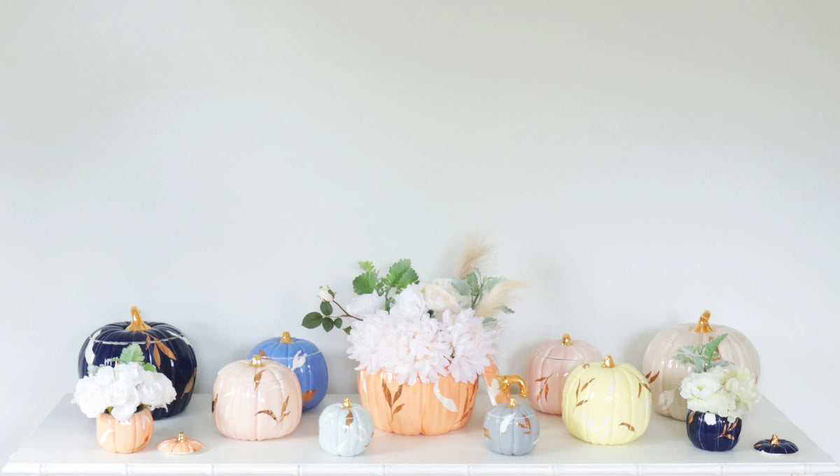 Layered Leaves Pumpkin Jars with 22K Gold Accents in Navy Blue (Various Sizes)