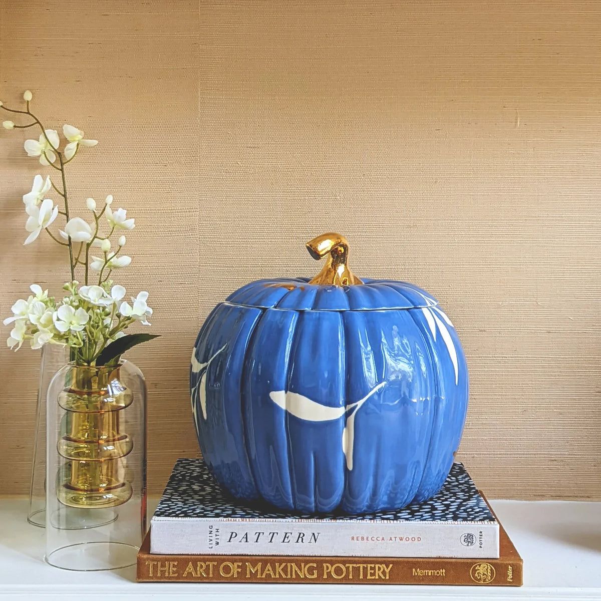 Layered Leaves Pumpkin Jars with 22K Gold Accents in French Blue (Various Sizes)