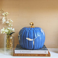 Layered Leaves Pumpkin Jars with 22K Gold Accents in French Blue (Various Sizes)