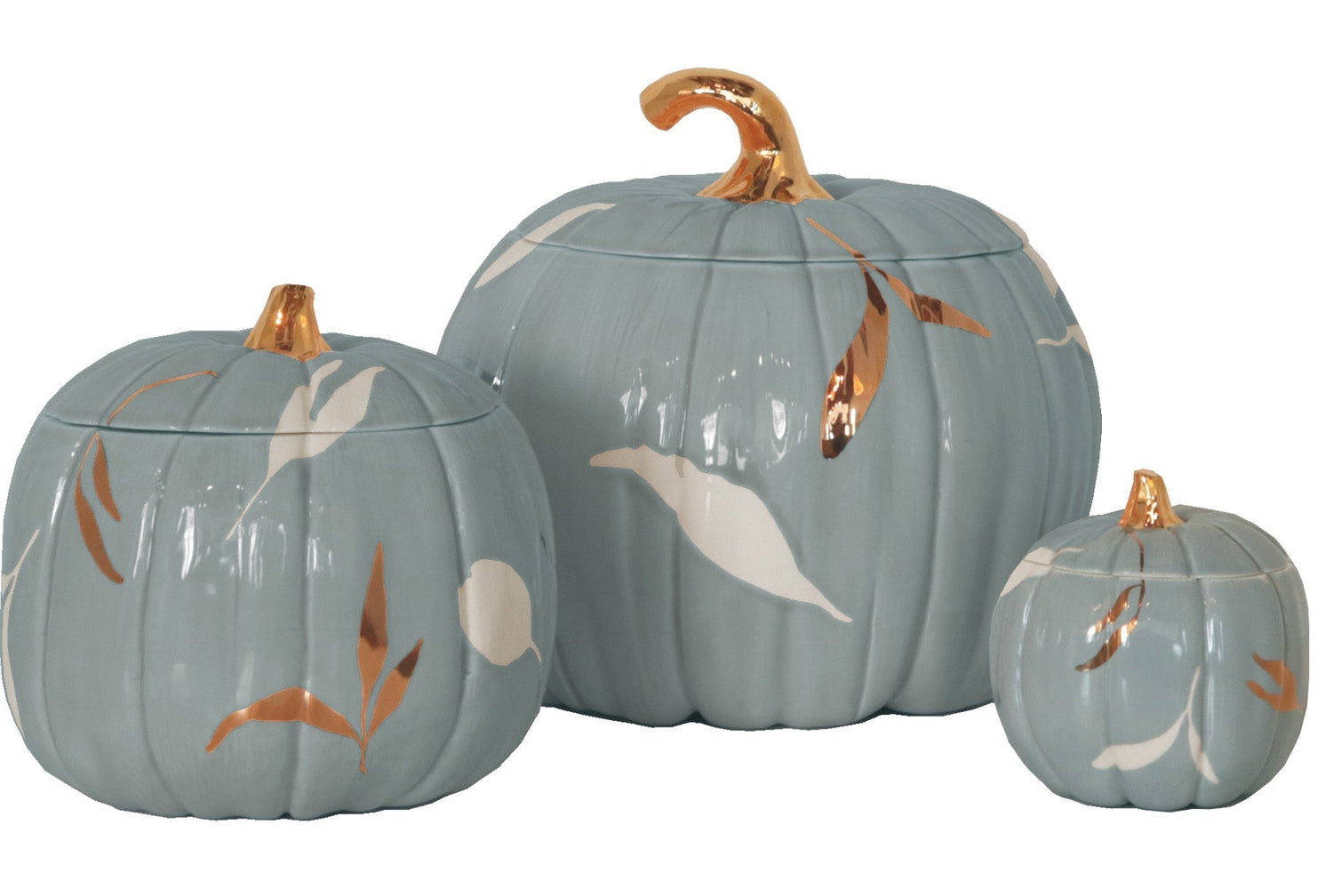 Layered Leaves Pumpkin Jars with 22K Gold Accents in Lamb's Ear Blue (Various Sizes)