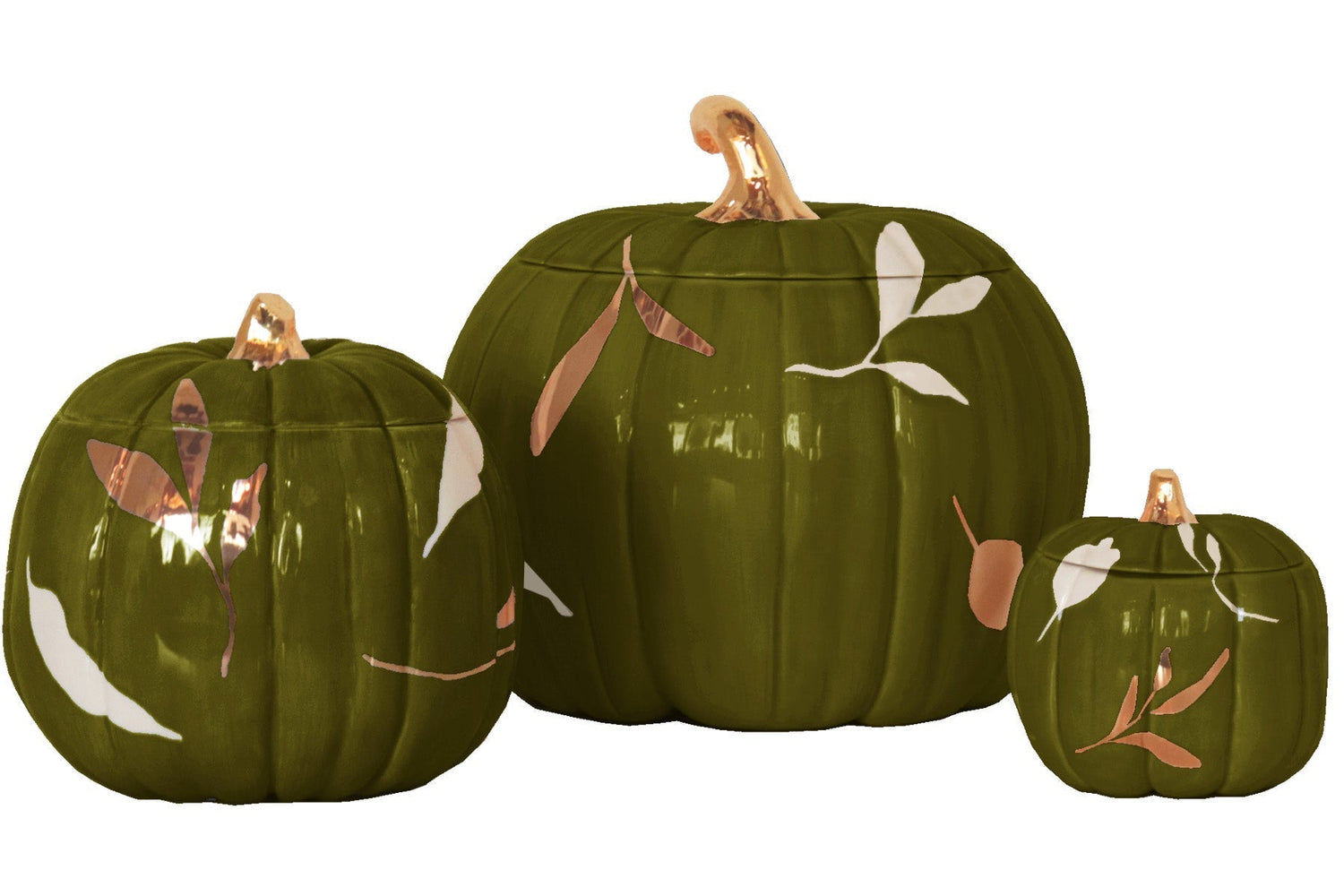 Layered Leaves Pumpkin Jars with 22K Gold Accents in Moss Green (Various Sizes)