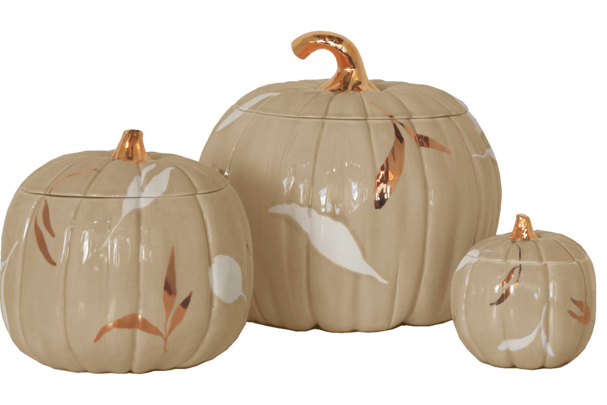 Layered Leaves Pumpkin Jars with 22K Gold Accents in Sand (Various Sizes)
