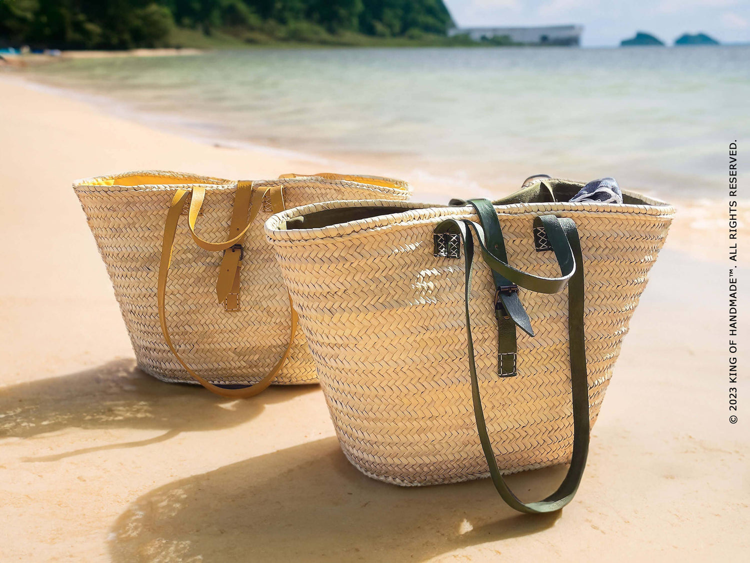 Handwoven Large Beach Basket w/ Blue Leather