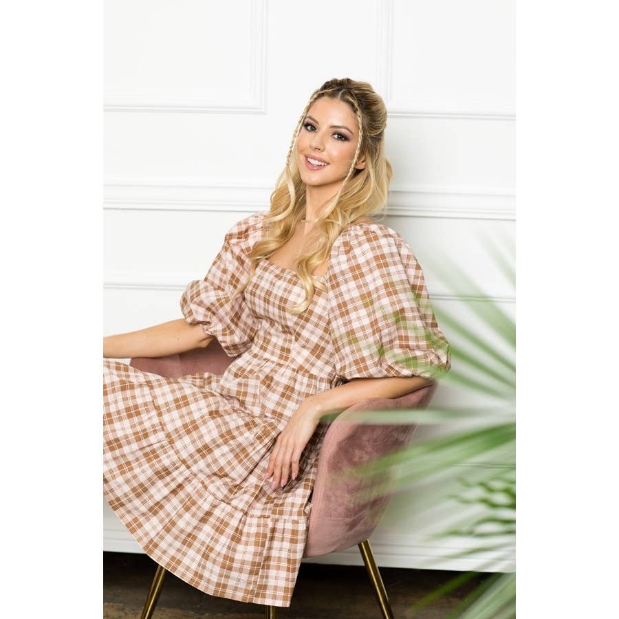 Taupe Gingham Puff Sleeve Tiered Mini Dress