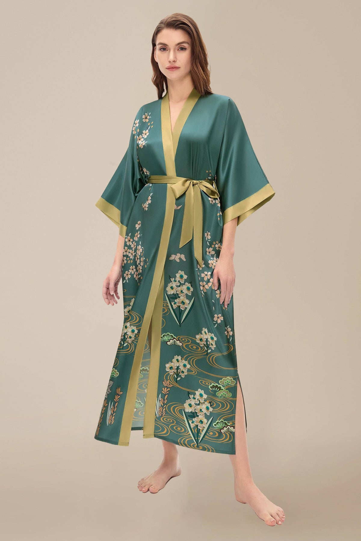 Teal Satin Kimono with Golden Botanical Embroidery