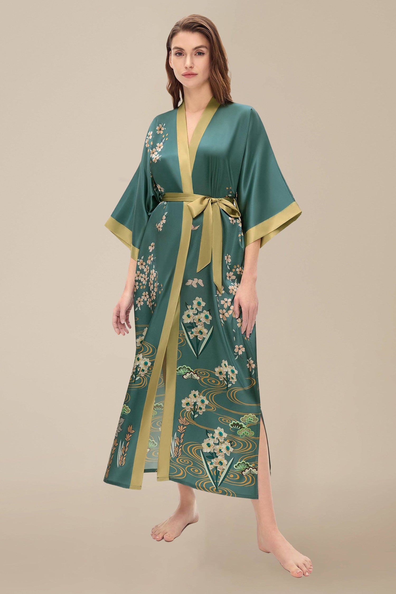 Teal Satin Kimono with Golden Botanical Embroidery