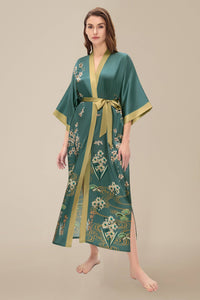 Teal Satin Kimono with Golden Botanical Embroidery