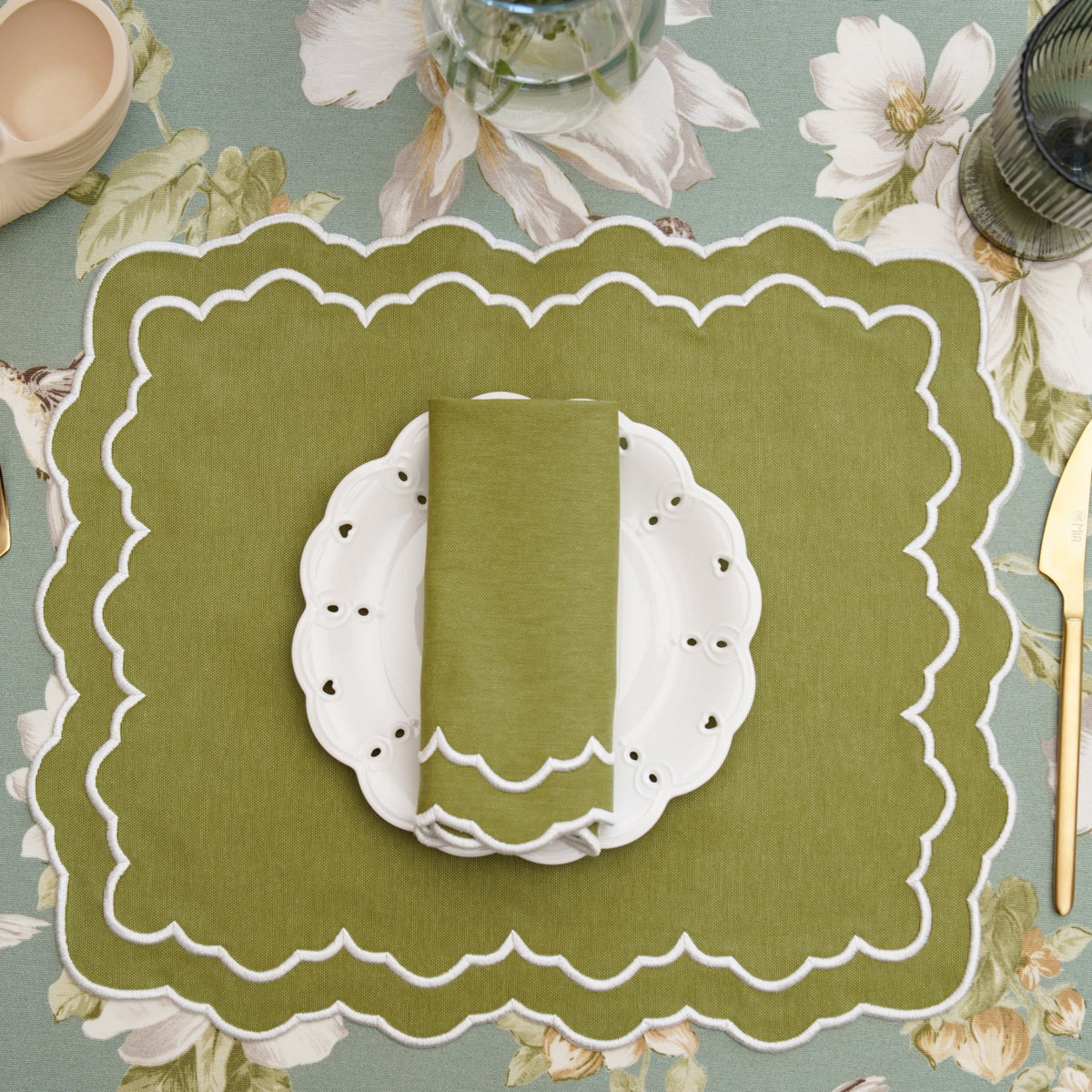 Elara Green Rectangle Fabric Placemat & Napkin Set