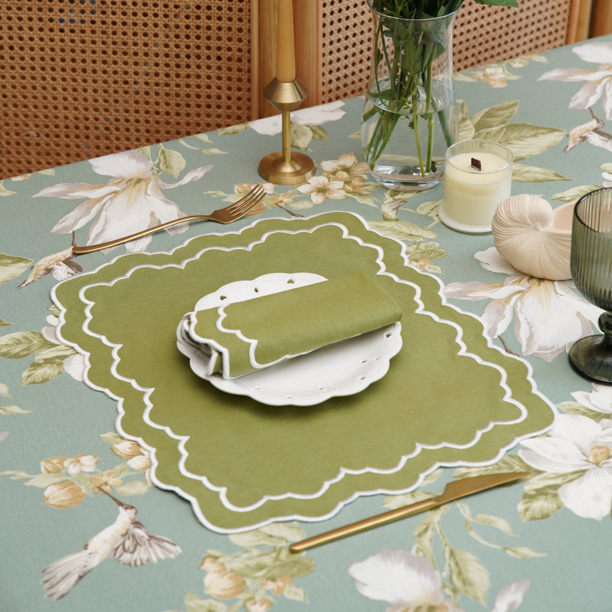 Elara Green Rectangle Fabric Placemat & Napkin Set