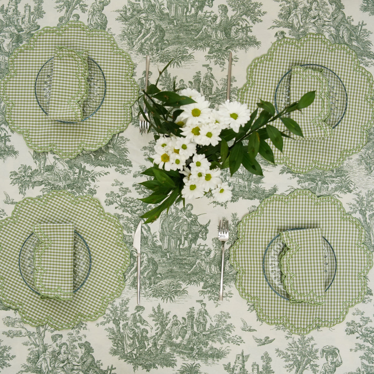 Magnolia Gingham Green Scalloped Fabric Placemat Napkin Set