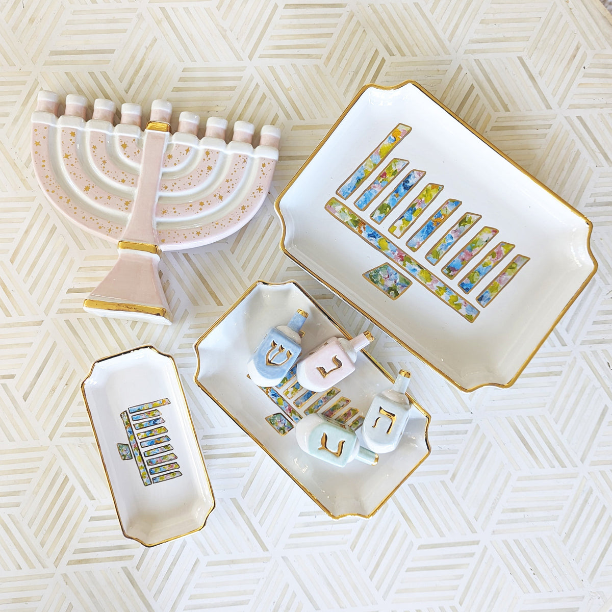 Shimmering Stars Menorah with 22K Gold Accents and Optional Monogram (Various Colors)