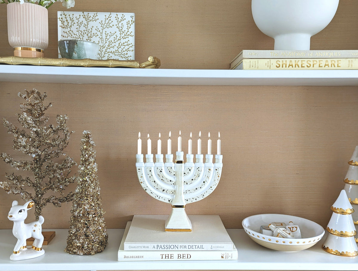 Shimmering Stars Menorah with 22K Gold Accents and Optional Monogram (Various Colors)