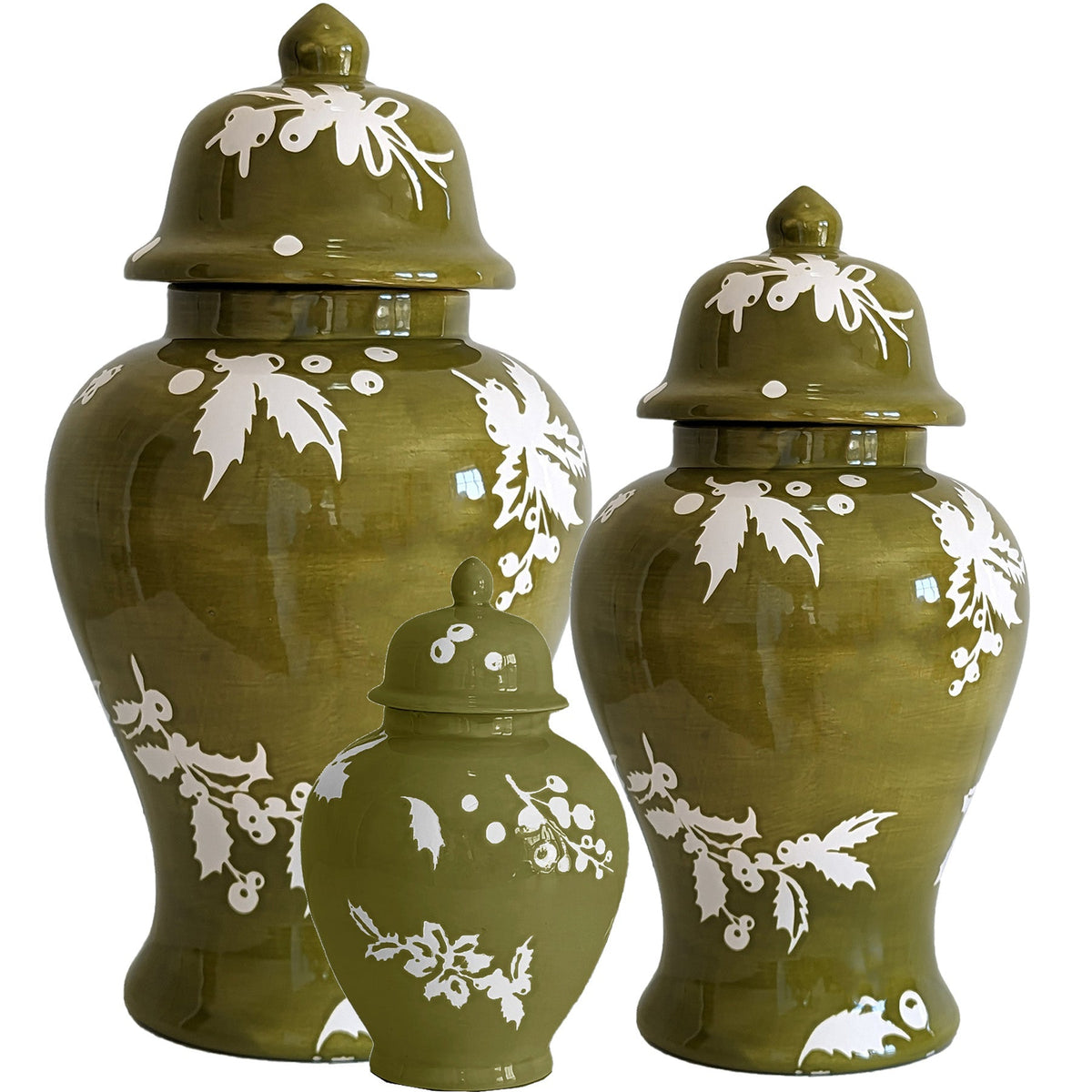 Deck the Halls Ginger Jars in Moss Green (Various Sizes)