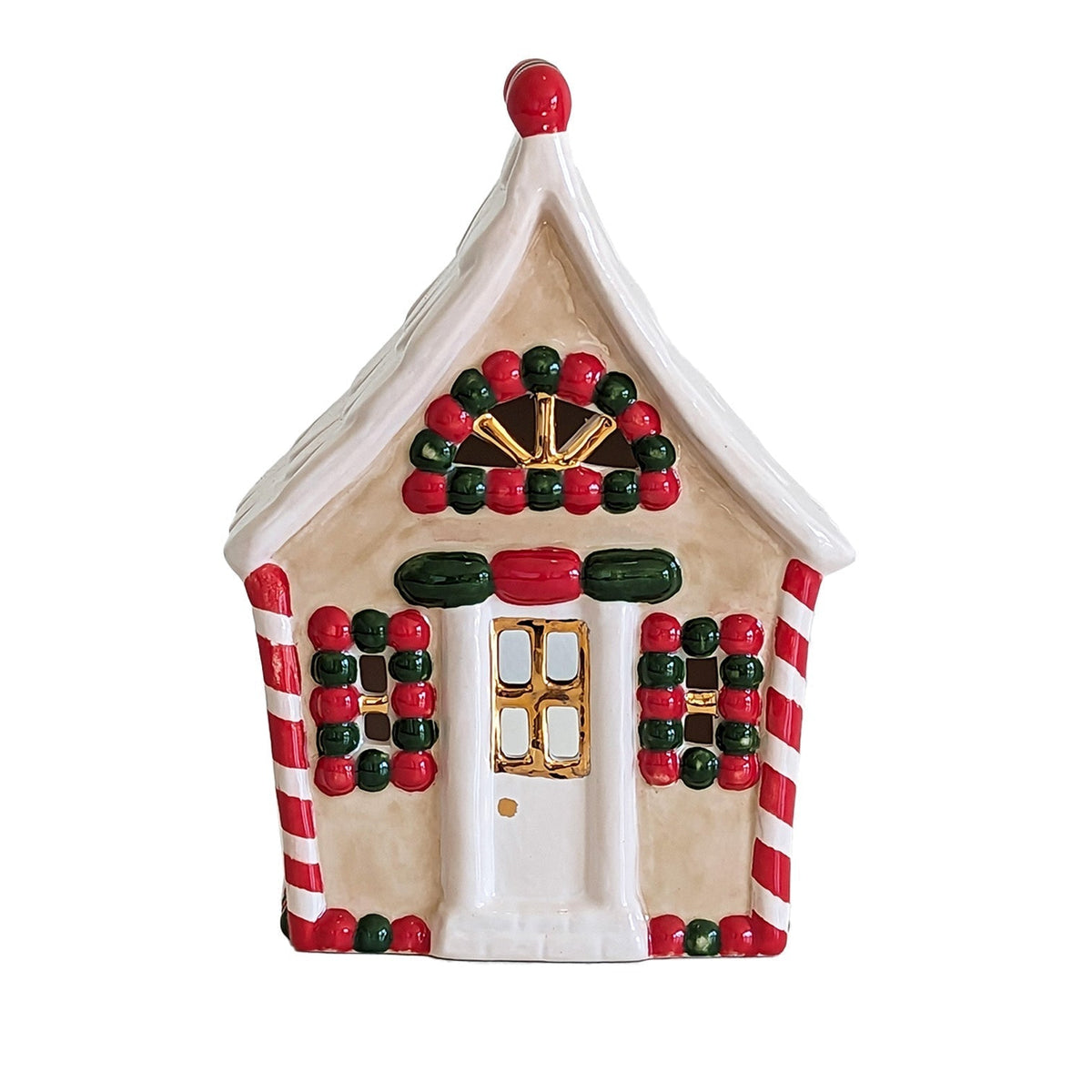 Ivory, Red & Green Gingerbread House with 22K Gold Accents