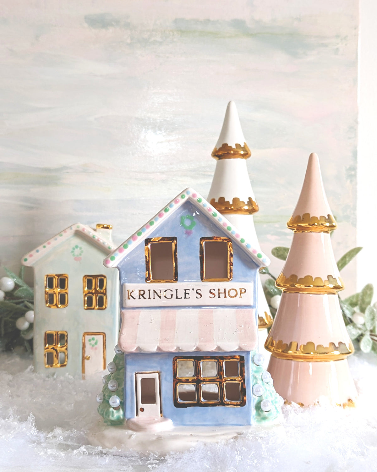 Pastel Christmas Village 3-Piece Set with 22K Gold Accents