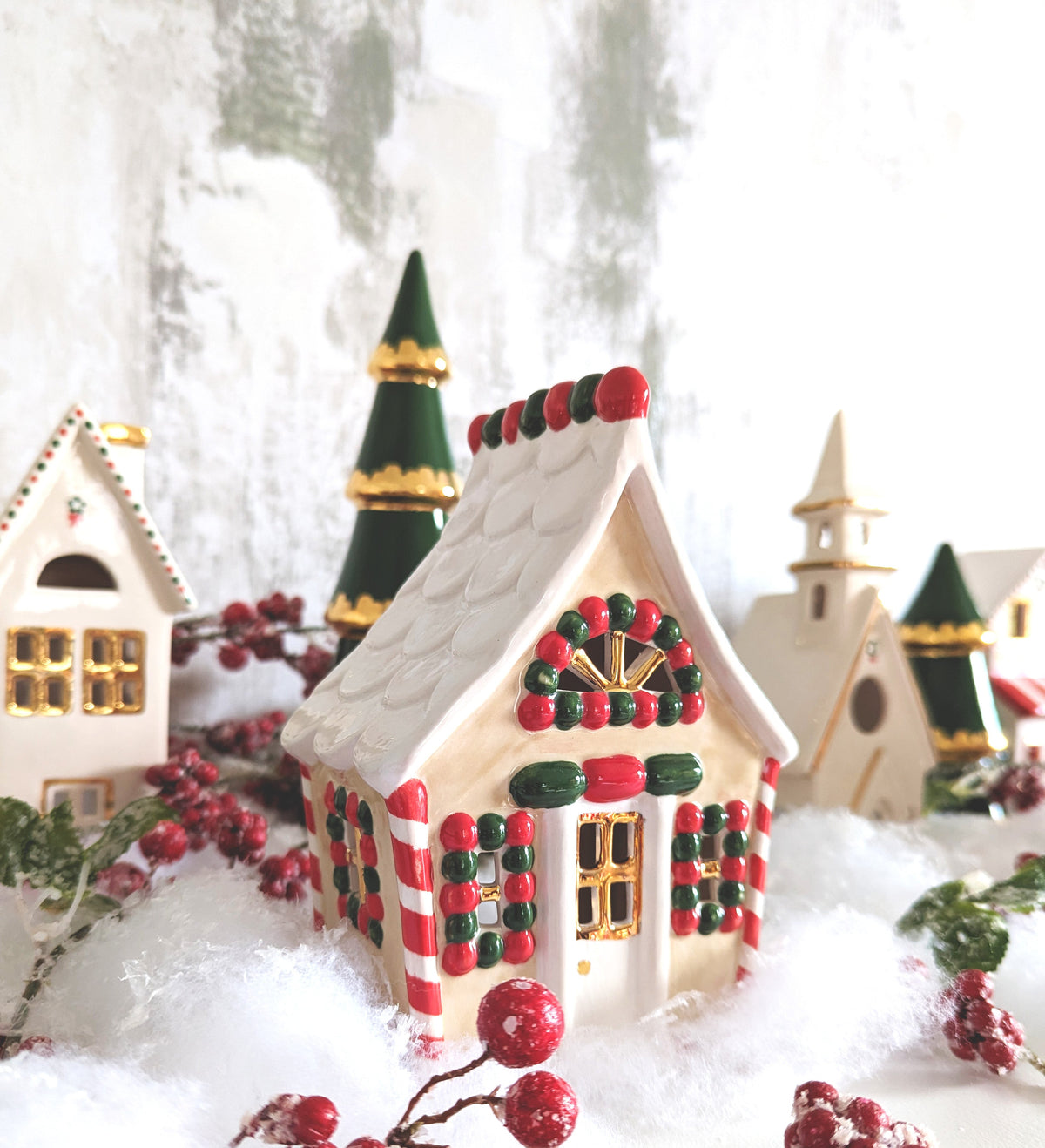 Ivory Christmas Village 3-Piece Set with 22K Gold Accents