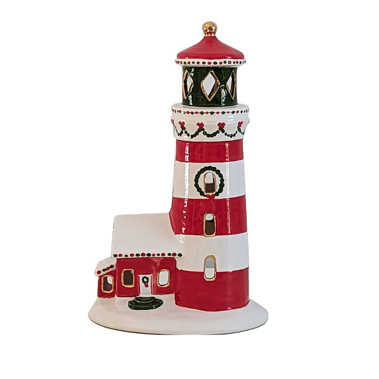 Ivory, Red and Green Lighthouse with 22K Gold Accents
