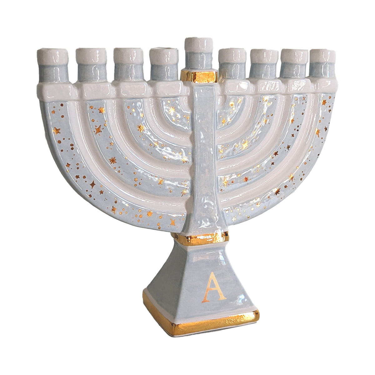 Shimmering Stars Menorah with 22K Gold Accents and Optional Monogram (Various Colors)