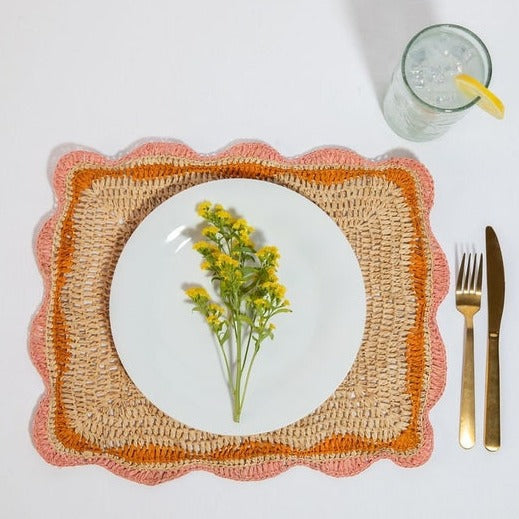 Rectangular Raffia Placemat – Pink & Orange Edges