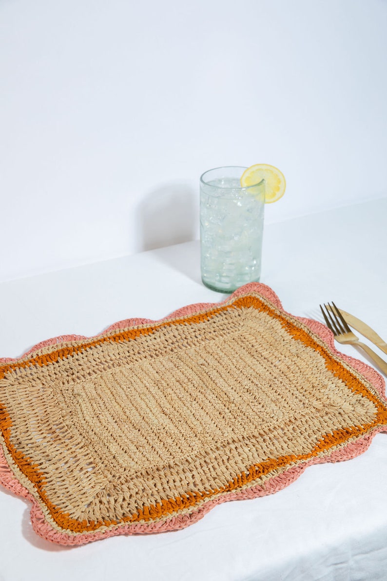 Rectangular Raffia Placemat – Pink & Orange Edges