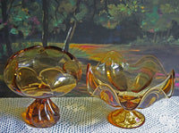 Amber Glass Pedestal Candy Bowl – Scalloped Pinched Rim Design