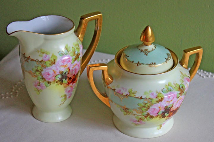 Antique H&C Selb Bavaria Porcelain Creamer & Lidded Sugar Bowl