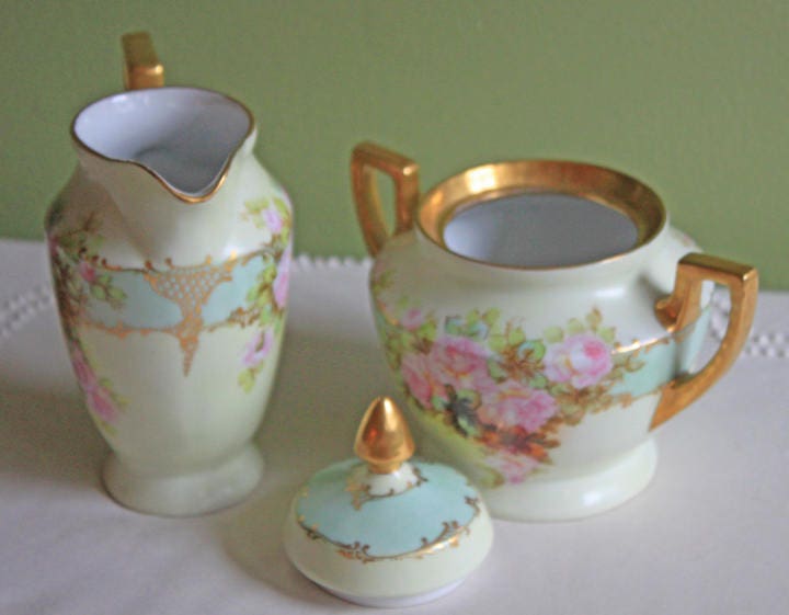 Antique H&C Selb Bavaria Porcelain Creamer & Lidded Sugar Bowl
