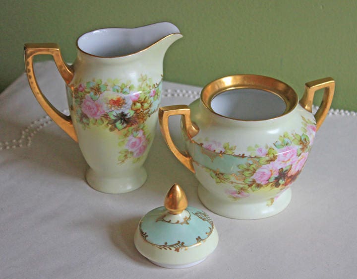 Antique H&C Selb Bavaria Porcelain Creamer & Lidded Sugar Bowl