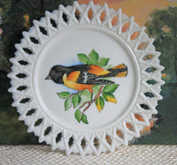Westmoreland Milk Glass Plates – Set of 4 Hand Painted Floral & Fruit Designs with Reticulated Rim