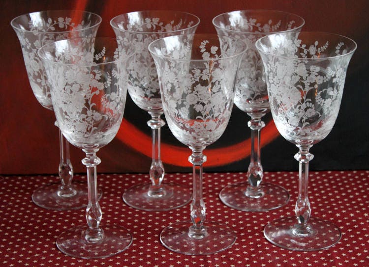 Antique Fostoria Crystal Sherbet Glasses – Set of 6 Etched Midnight Rose Pattern