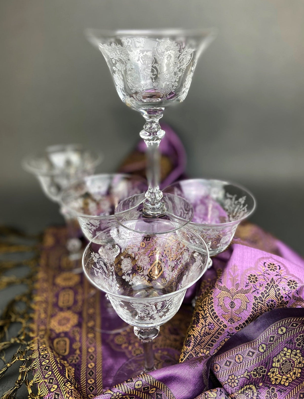 Vintage Tiffin Franciscan Champagne Glasses – Cherokee Rose Etched Set of 8