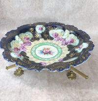 Antique Hand Decorated Bowl with Stand – Scalloped Rim & 22K Gold Detailing