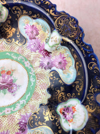 Antique Hand Decorated Bowl with Stand – Scalloped Rim & 22K Gold Detailing