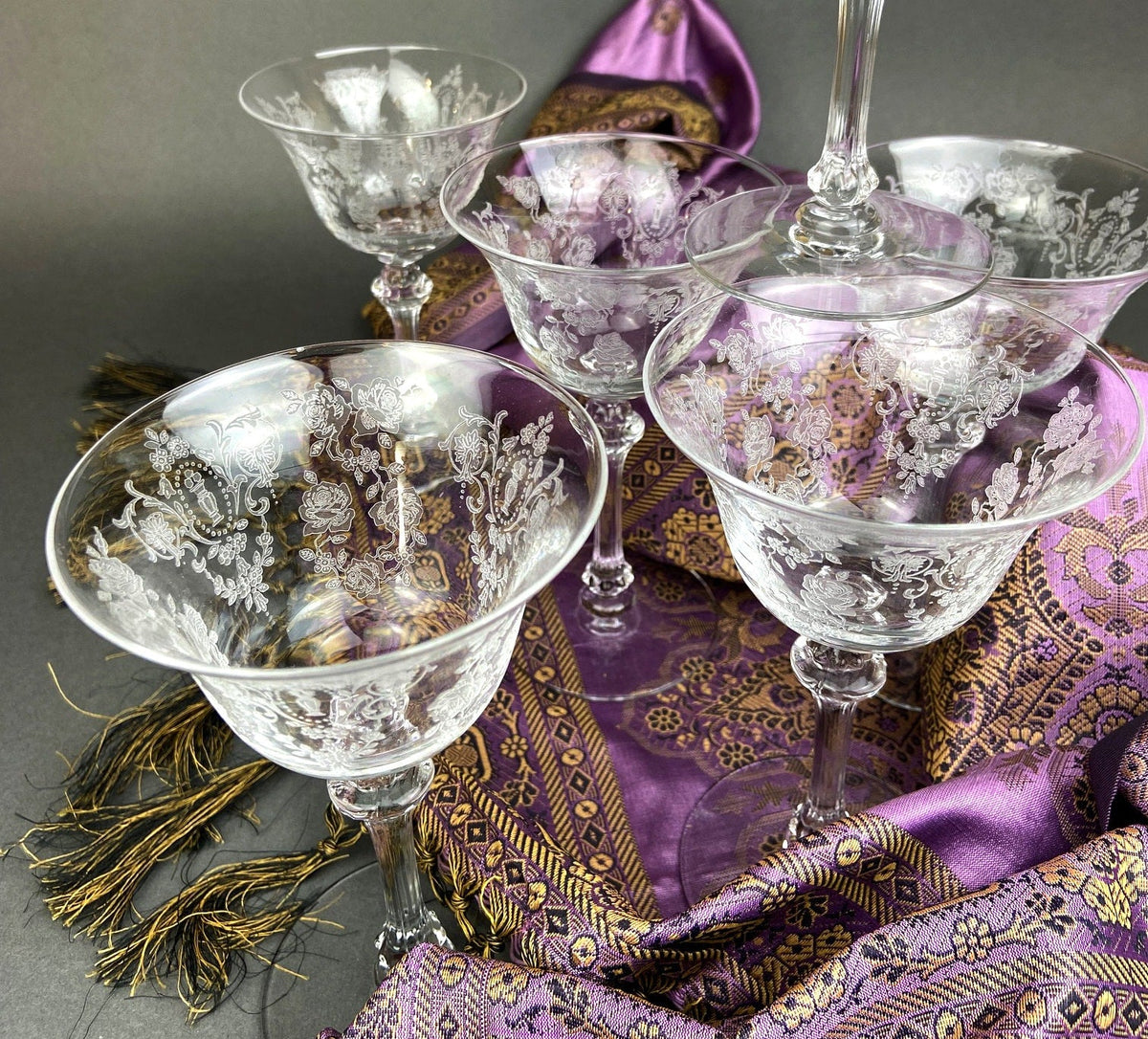 Vintage Tiffin Franciscan Champagne Glasses – Cherokee Rose Etched Set of 8